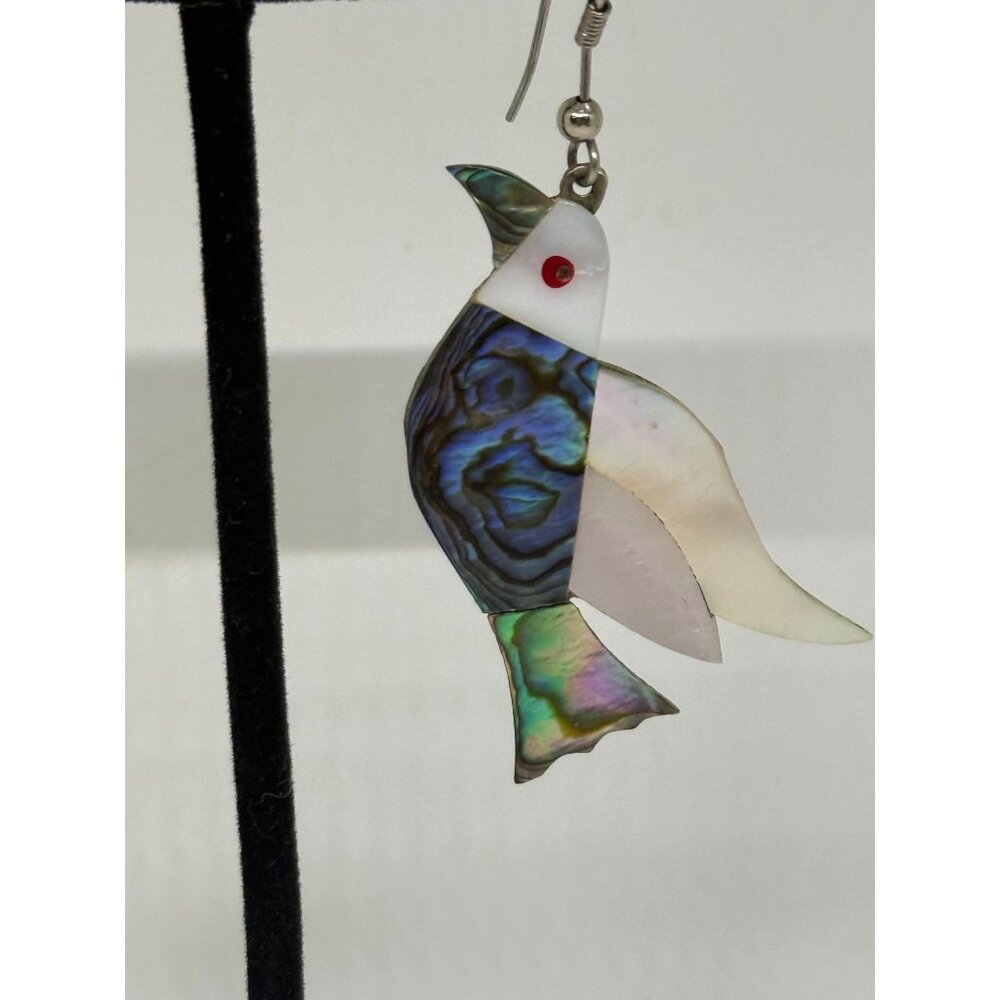Vintage Alpaca Mexico Abalone & Mother of Pearl Bird French Hook Dangle Earrings - Picture 3 of 5